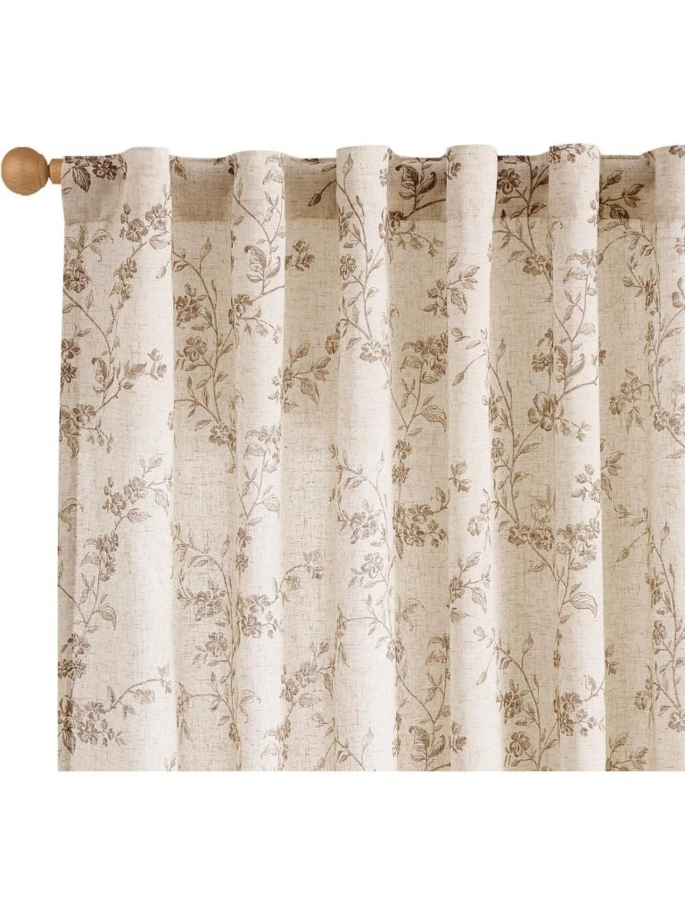 90 Inch Taupe Floral Linen Curtains - Vintage Light Filtering Drapes, 2 Panels